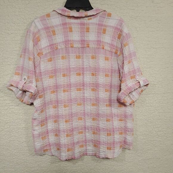 Rebecca Malone Pink Seersucker Top Button Blouse Size 1X Roll Tab Sleeves - Picture 2 of 10